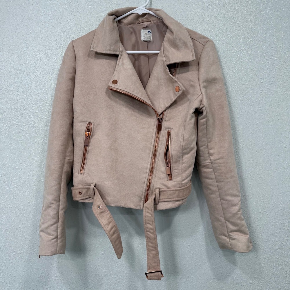 Lauren‎ Conrad Runway Faux Suede Moto Jacket Rose Gold Zippers Belted Tan 8